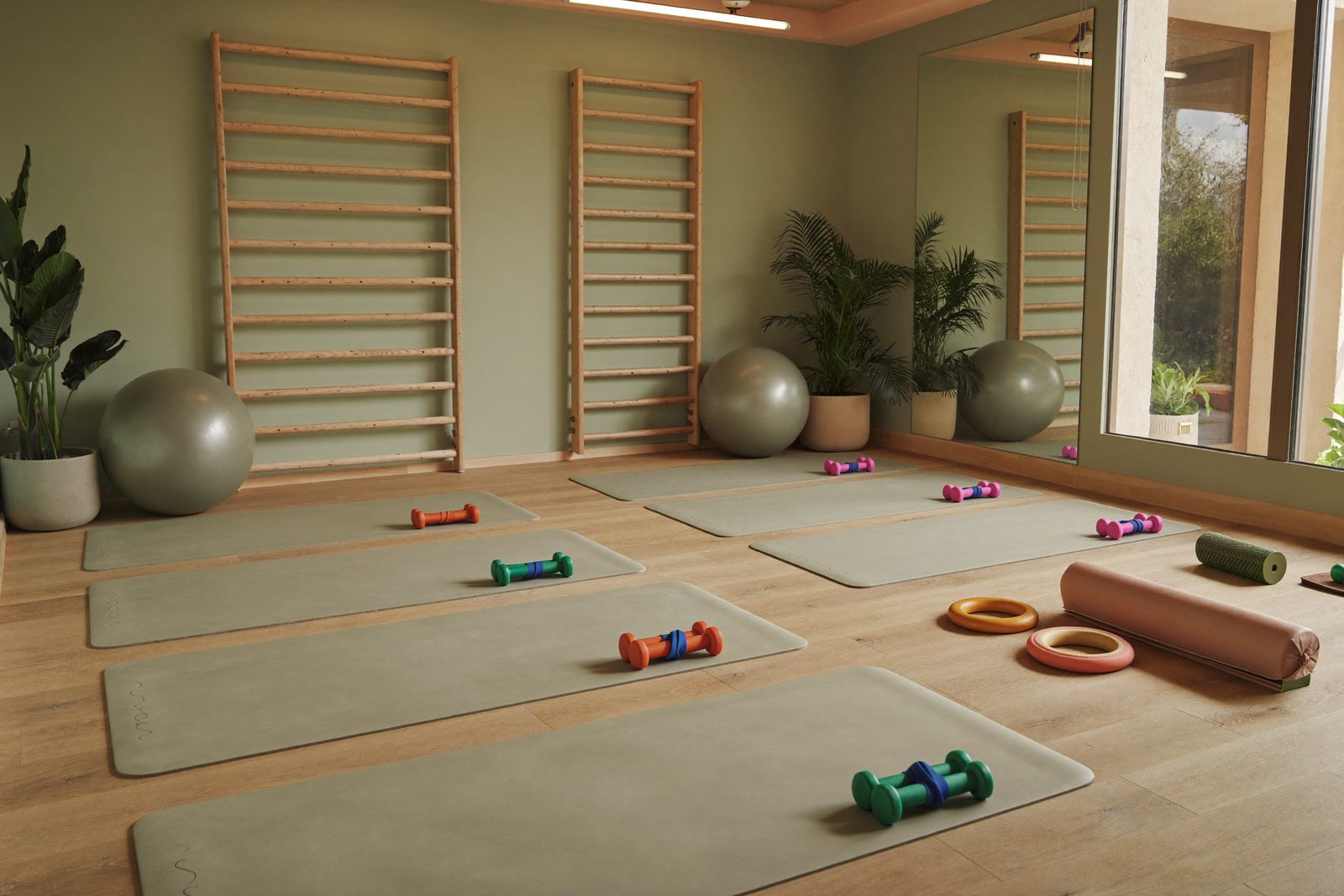 Sala de ejercicio de Movera preparada para un grupo de pilates