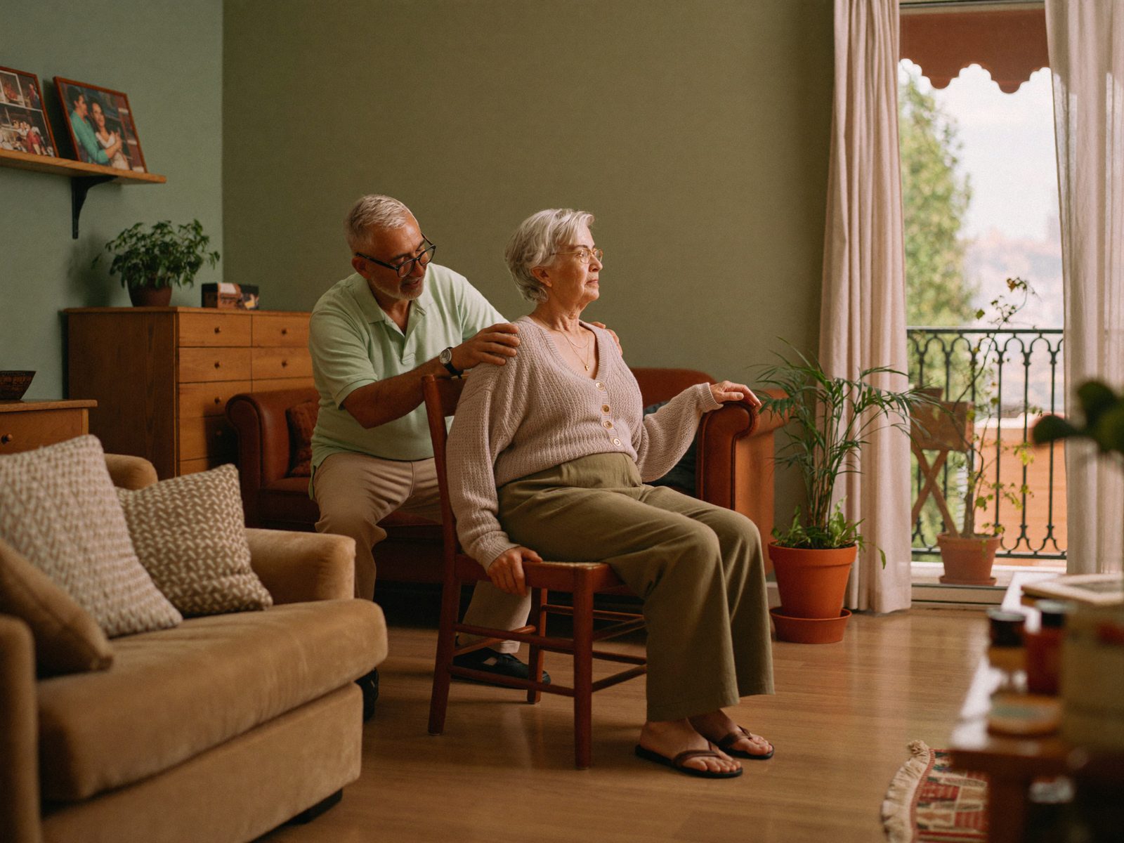 Fisioterapeuta practicando ejercicios de equilibrio con una mujer mayor en el salón de su casa