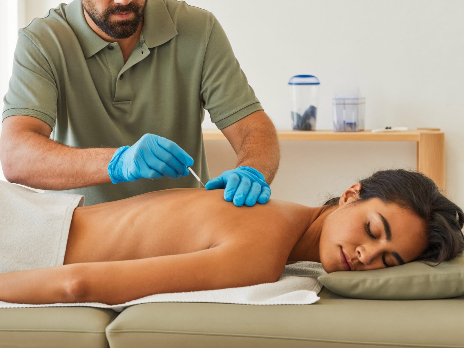 Fisioterapeuta con guantes aplicando punción seca en el trapecio de una paciente